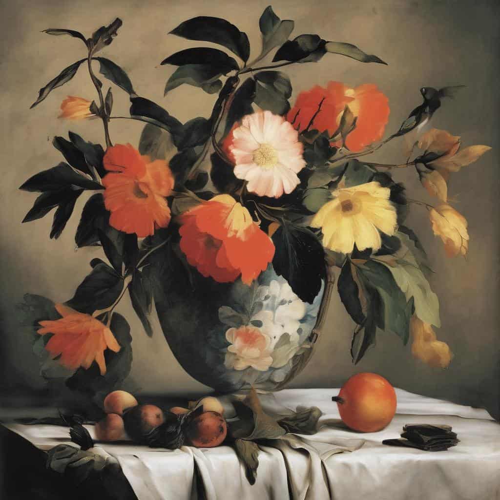 Ζωγραφική με λουλούδια και καρπούς, ενσάρκωση ψυχής μέσω τέχνης, παραδοσιακό still life, καλλιτεχνική εκφραστικότητα, εικαστική αντανάκλαση.