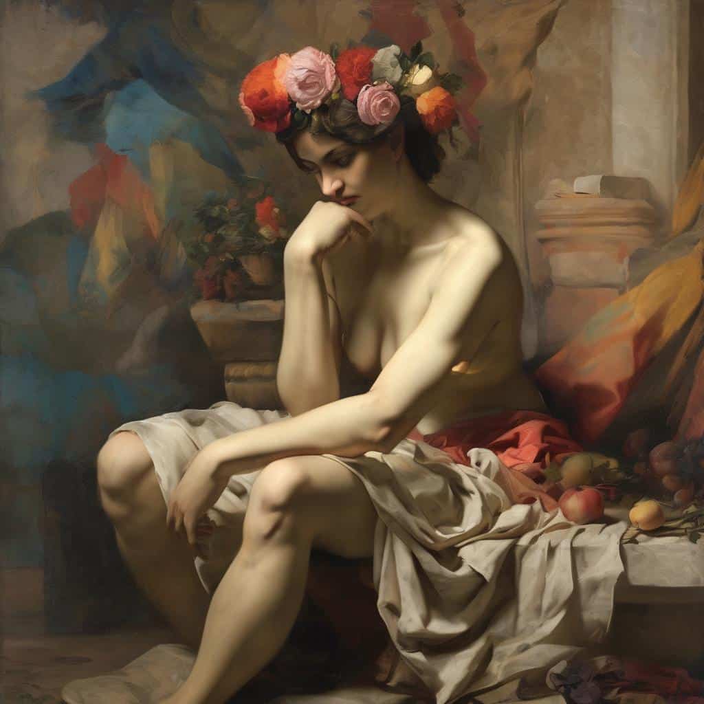 Παράπονο και ευαισθησία σε μια ανθρωπόμορφη γυναίκα με λουλούδια στο κεφάλι, συγκινητικό πορτρέτο.