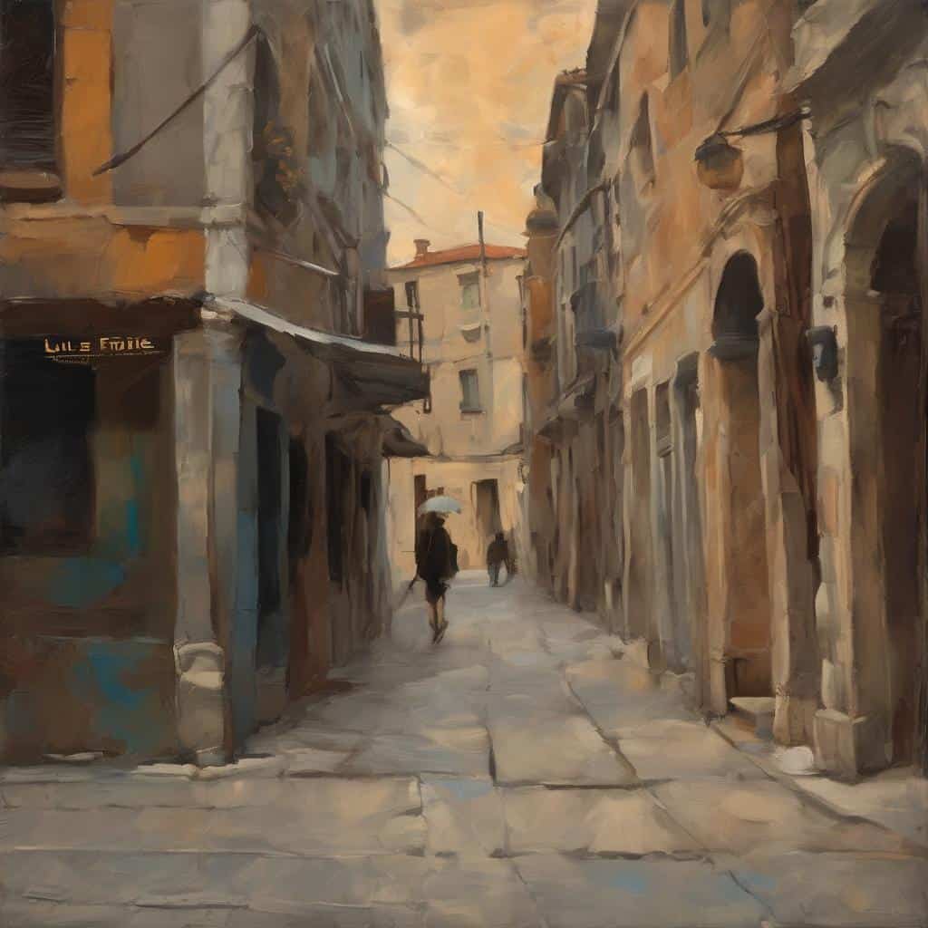 Γαλάζιο και καφέ χρώμα, πλακόστρωτος δρόμος με παλιά κτήρια, ζωγραφιά που αποτυπώνει την εσωτερική ψυχή.