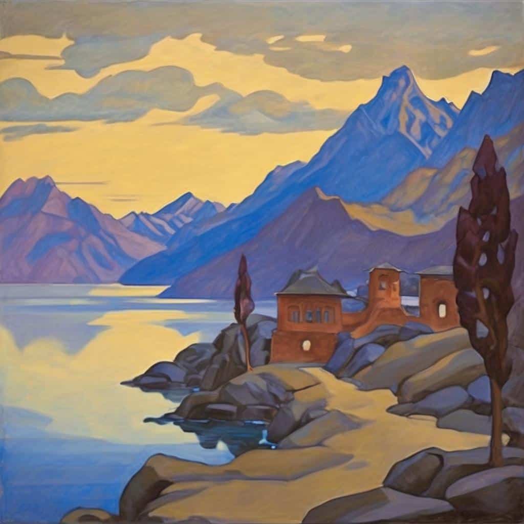 Ορεινός τοπίο με λίμνη, παραδοσιακά σπίτια και ψηλά βουνά στον ορίζοντα.