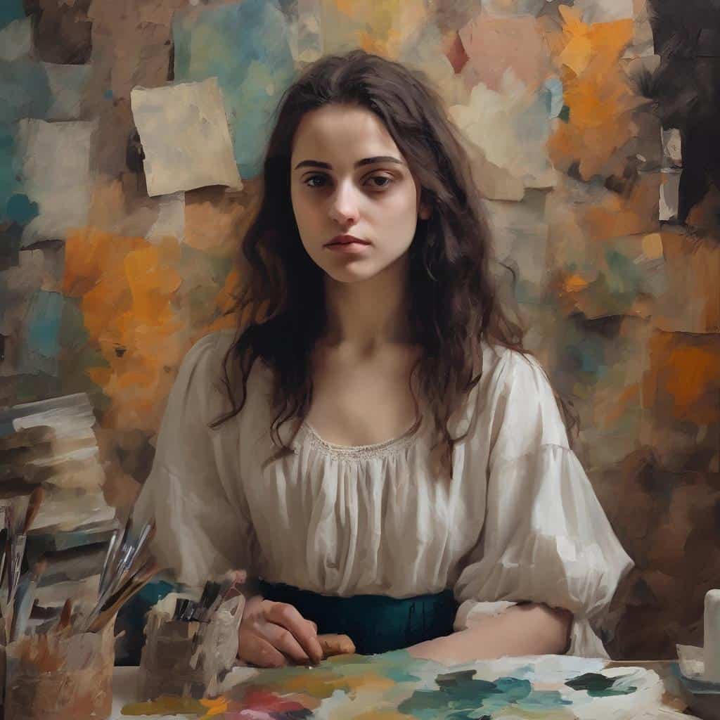 Φωτογραφία νεαρής γυναίκας σε καμβά, η εσωτερική της ψυχή αντανακλάται μέσω της τέχνης και της έκφρασης.